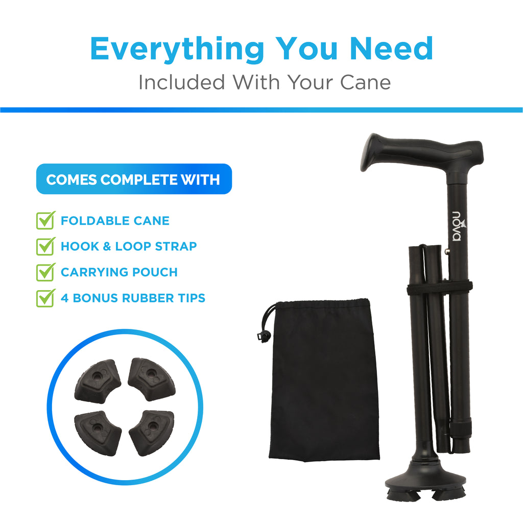 Nova FOLDING CANE WITH QUAD TIP BLACK