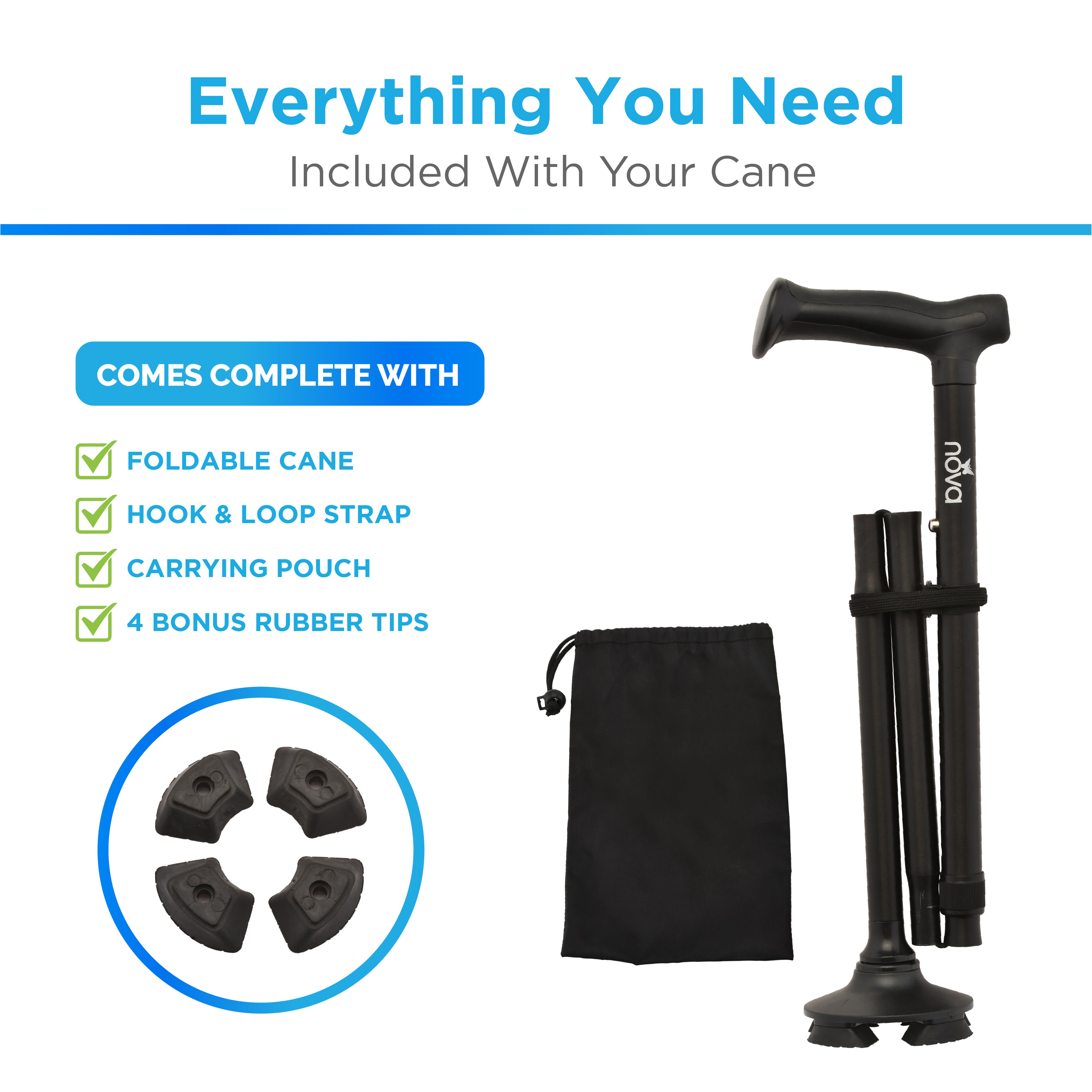 Nova FOLDING CANE WITH QUAD TIP BLACK