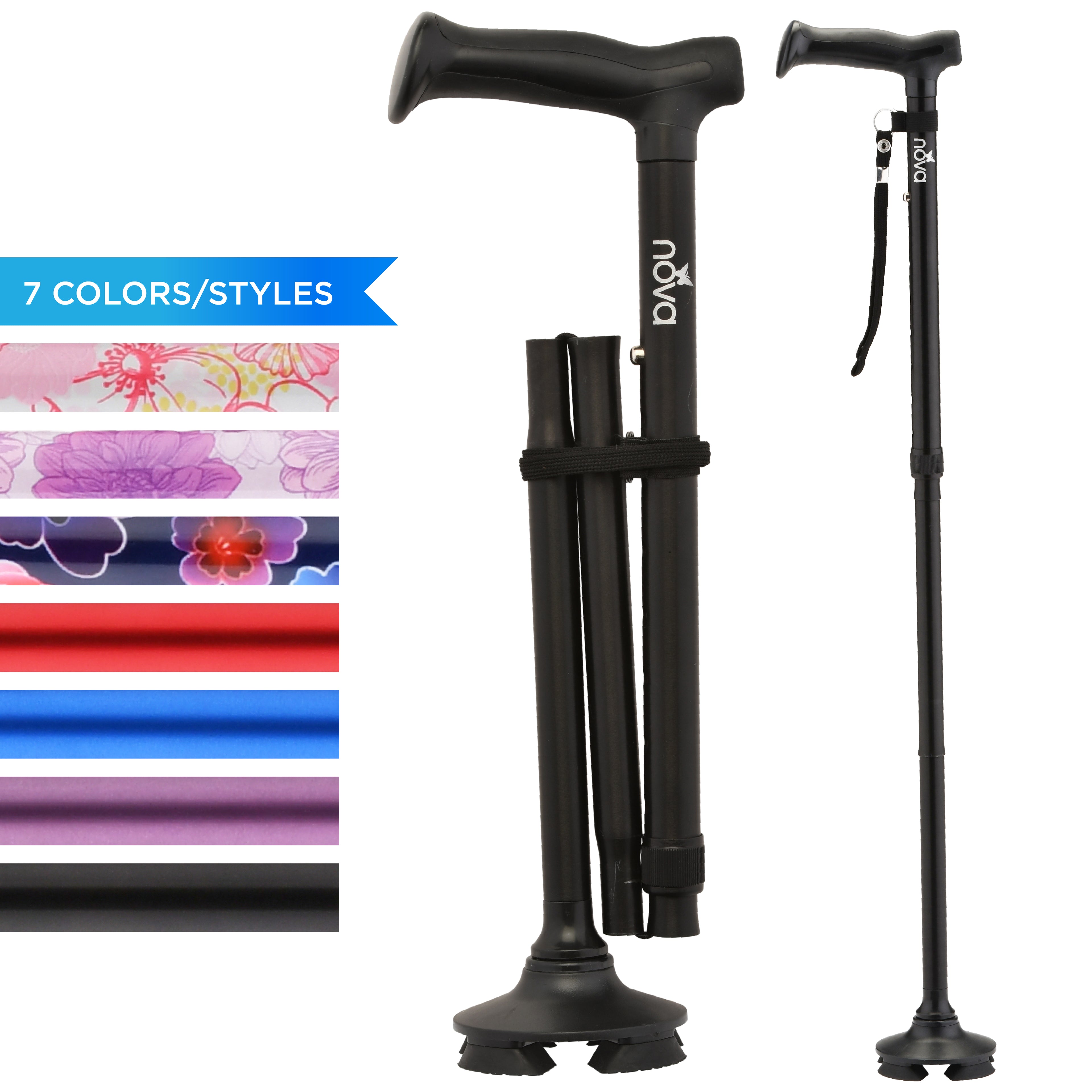 Nova FOLDING CANE WITH QUAD TIP BLACK