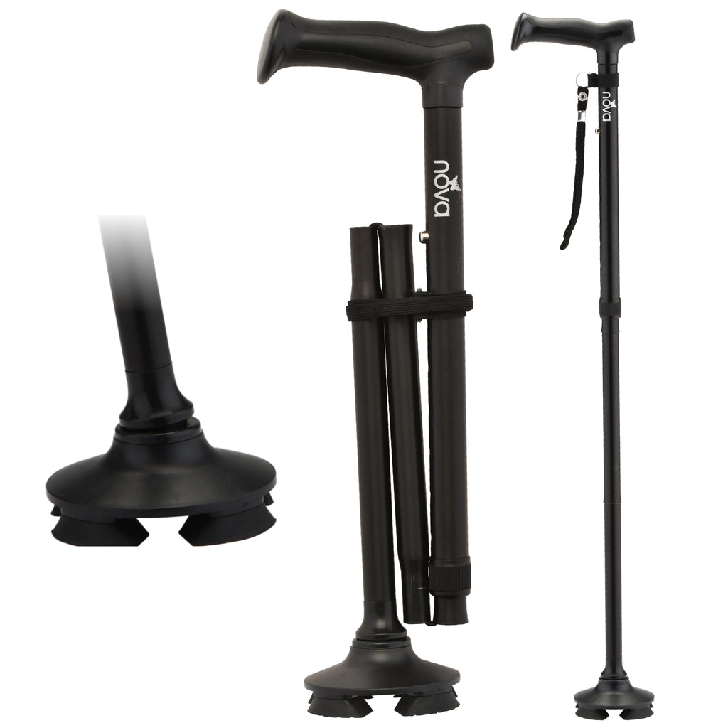 Nova FOLDING CANE WITH QUAD TIP BLACK
