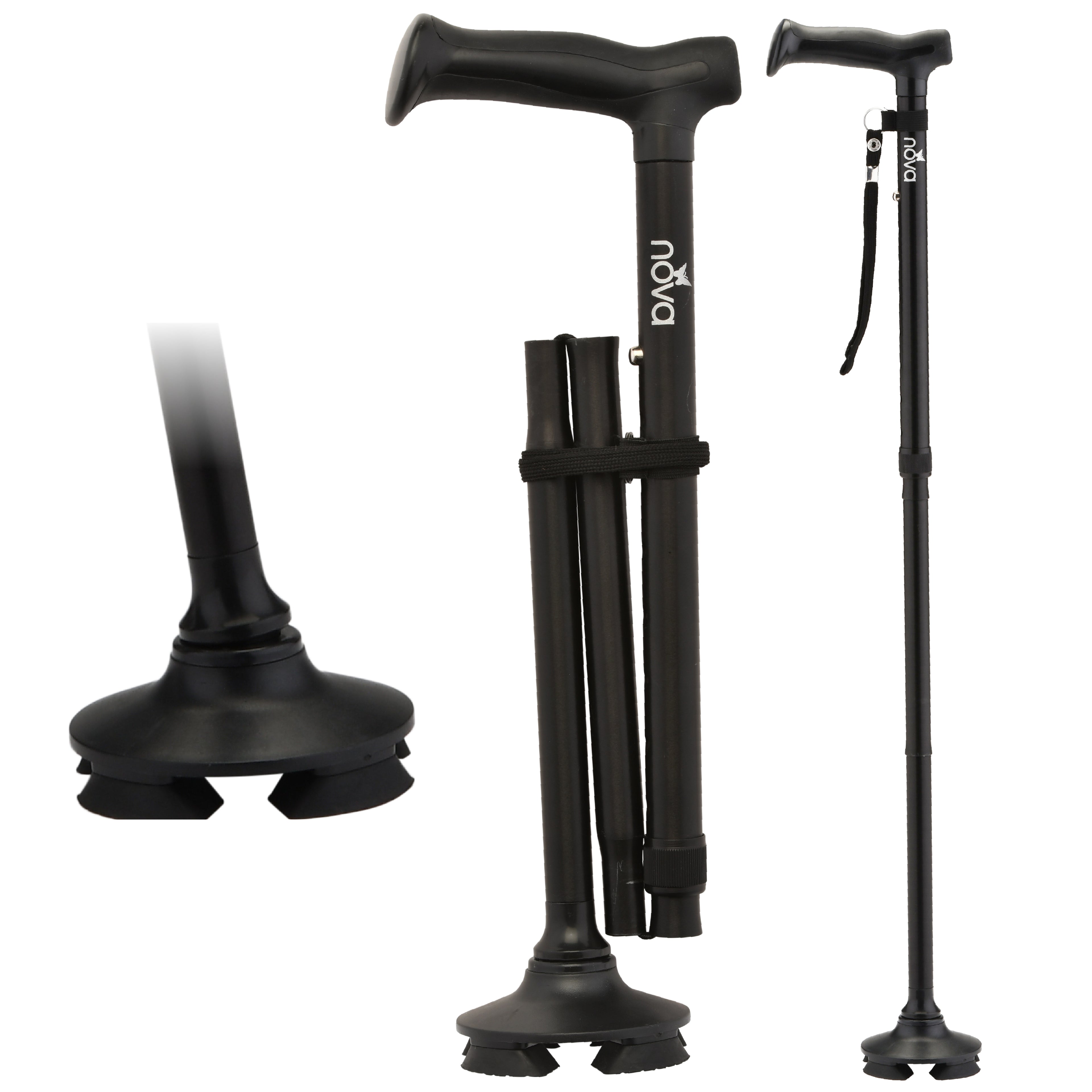Nova FOLDING CANE WITH QUAD TIP BLACK