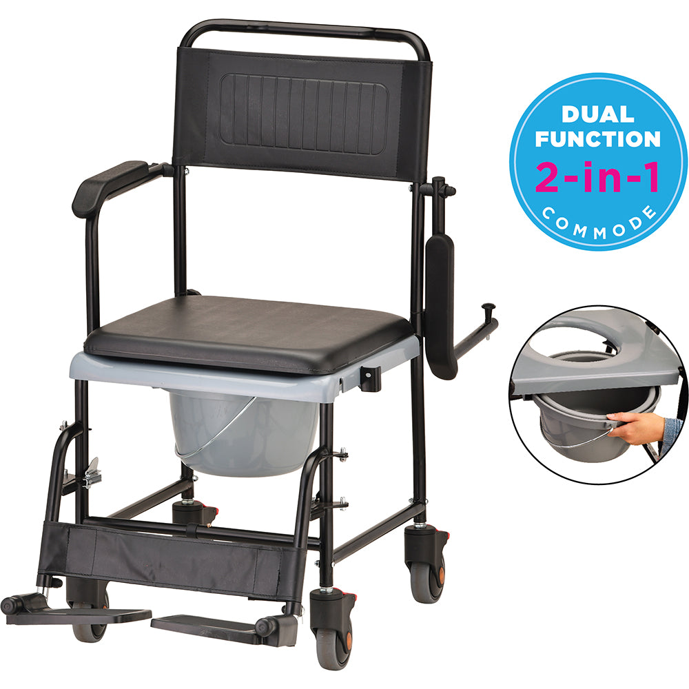 Nova Drop Arm Commode Transport Chair with Wheels