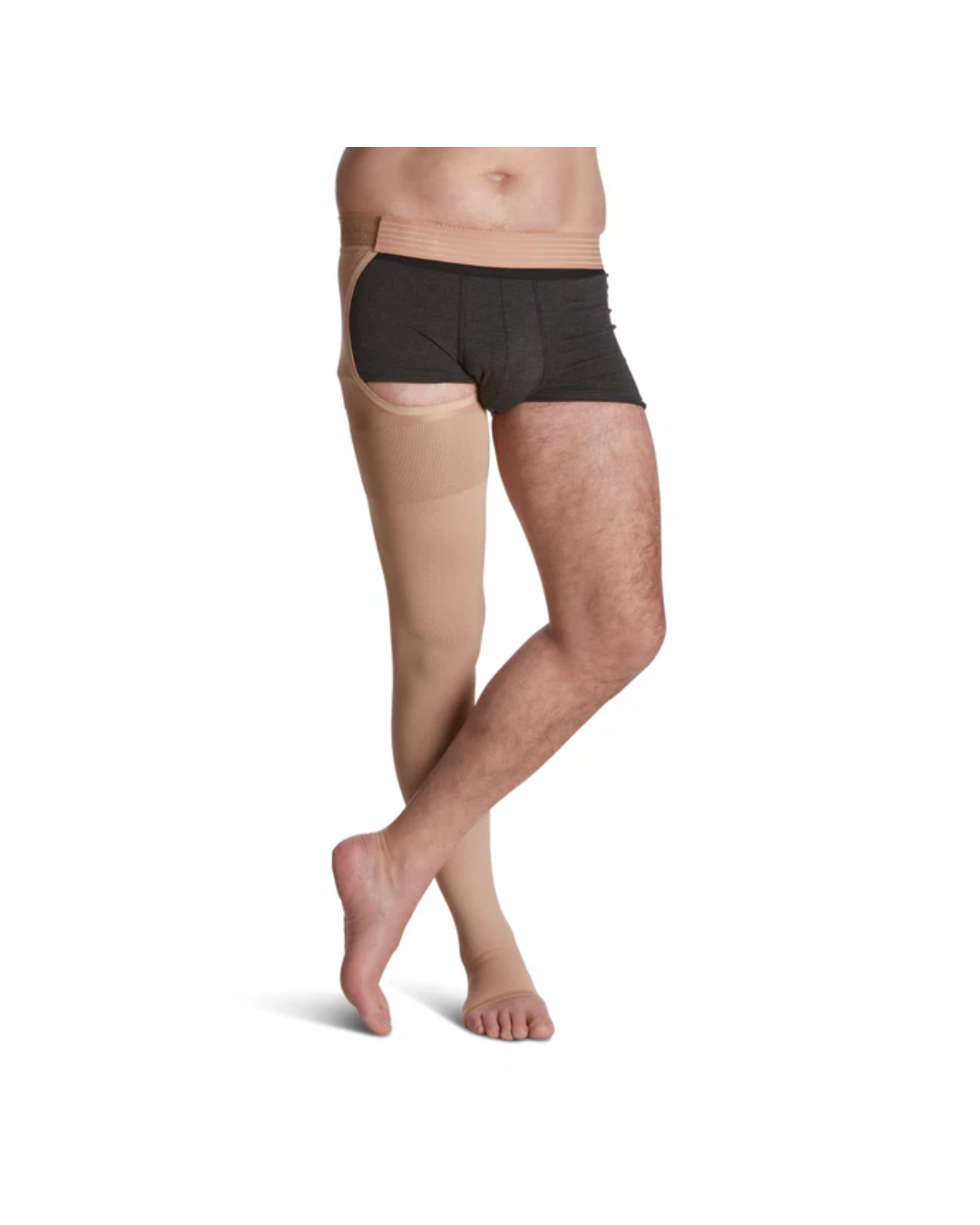 Sigvaris Specialty Natural Rubber 500 40–50mmHg Thigh w/Waist Attachment Open Toe Beige Right L3