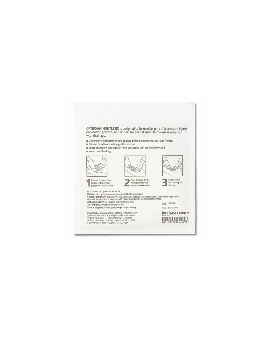 Optifoam Gentle EX Bordered Foam Dressing in Educational Packaging - 8" x 8"
