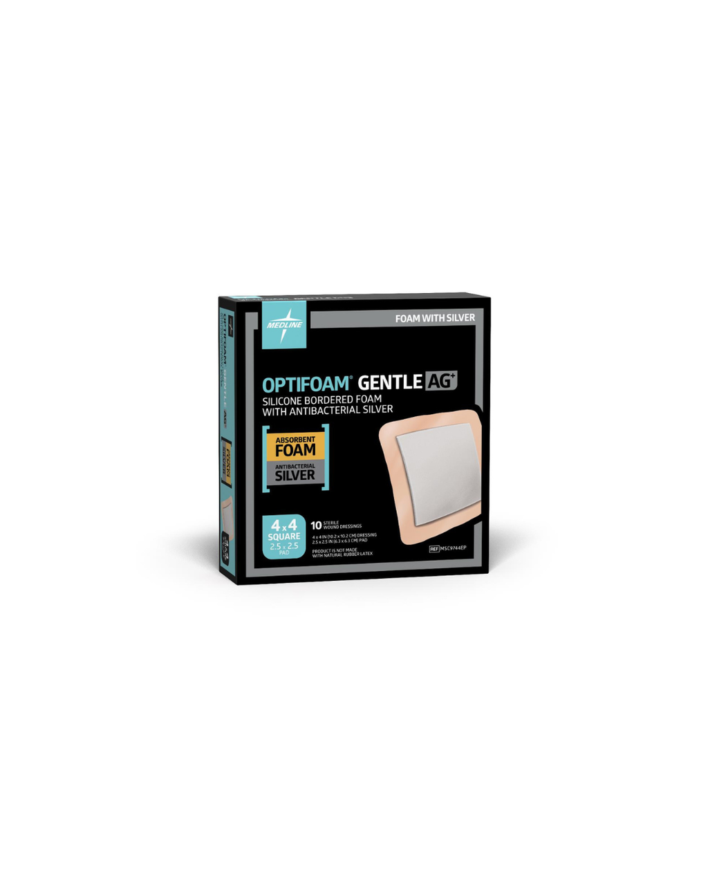 Optifoam Gentle AG+ Wound Dressing with Silicone Adhesive Border, in Educational Packaging - 4" x 4"
