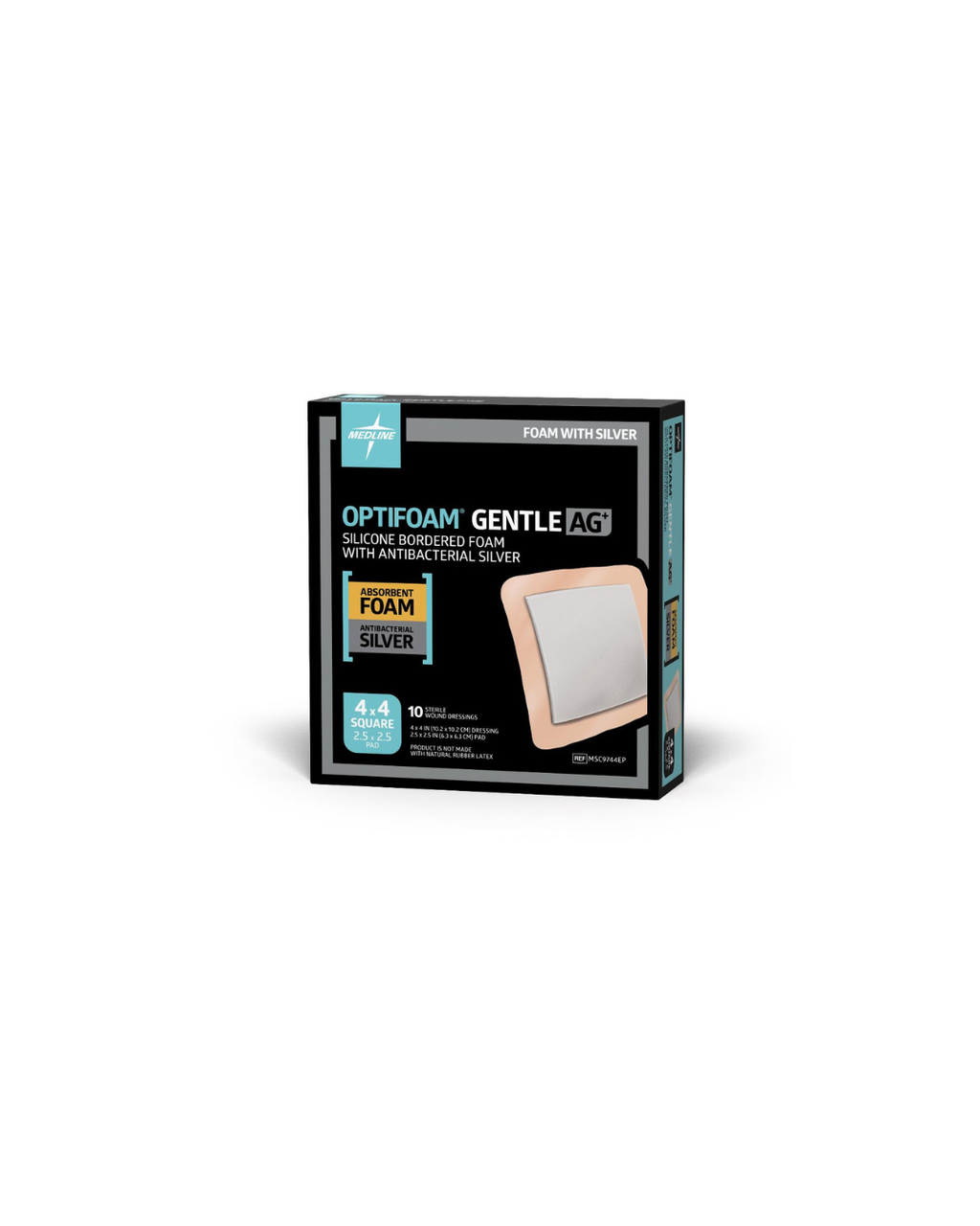 Optifoam Gentle AG+ Wound Dressing with Silicone Adhesive Border, in Educational Packaging - 4" x 4"