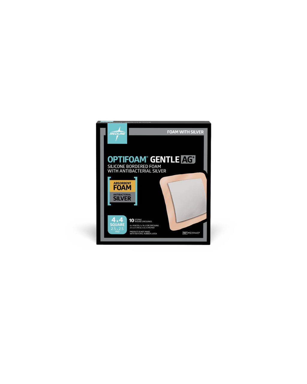 Optifoam Gentle AG+ Wound Dressing with Silicone Adhesive Border, in Educational Packaging - 4" x 4"