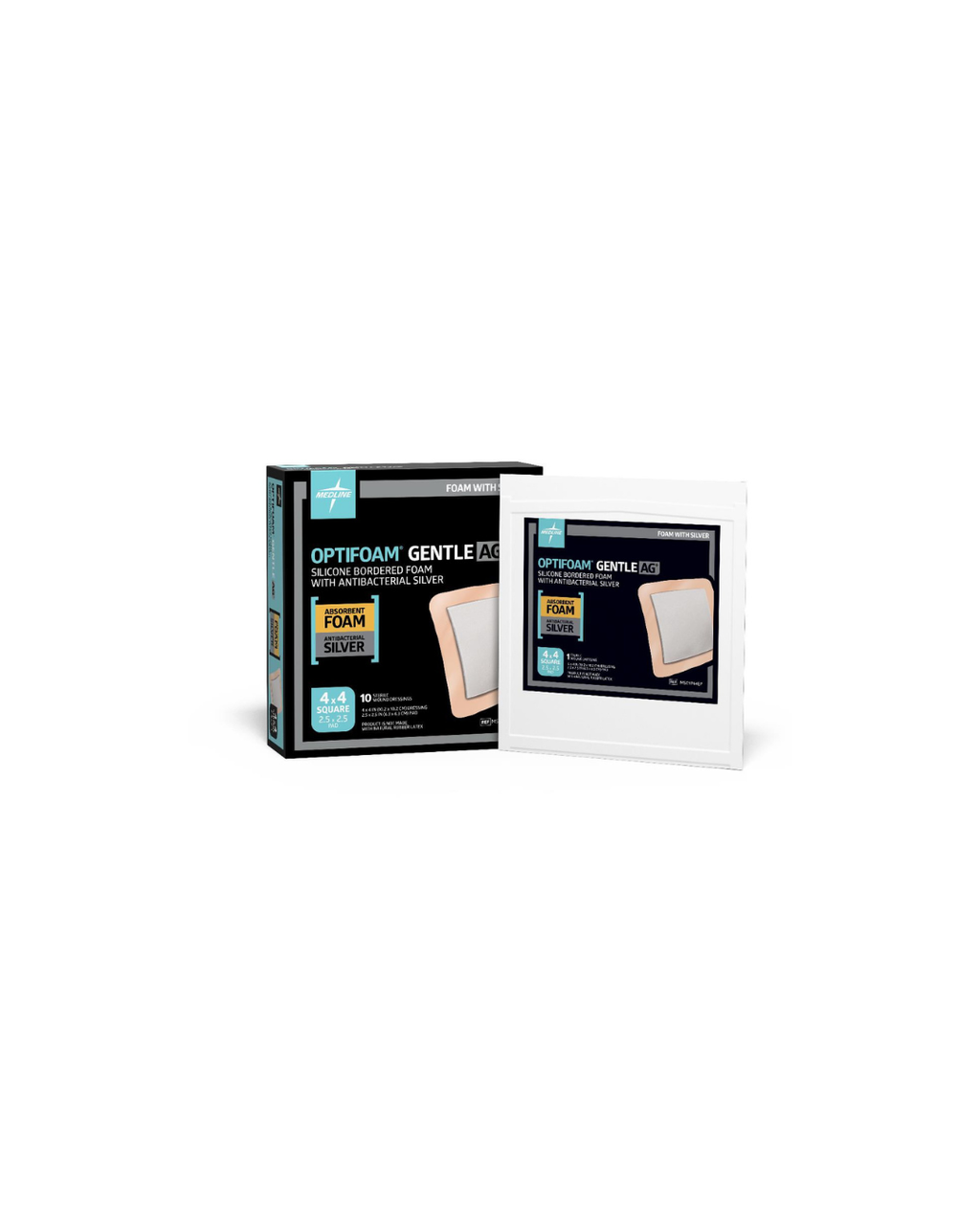 Optifoam Gentle AG+ Wound Dressing with Silicone Adhesive Border, in Educational Packaging - 4" x 4"