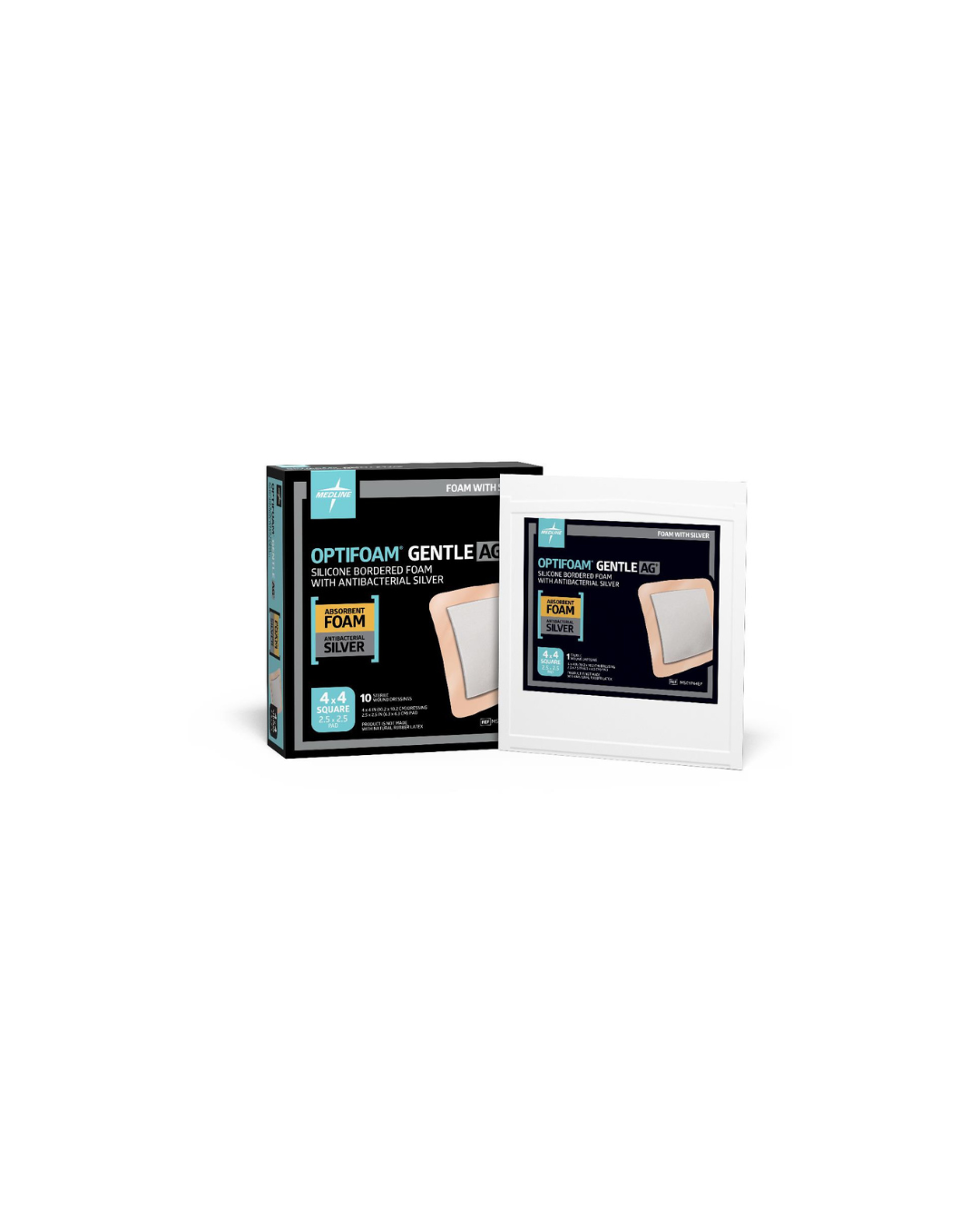 Optifoam Gentle AG+ Wound Dressing with Silicone Adhesive Border, in Educational Packaging - 4" x 4"