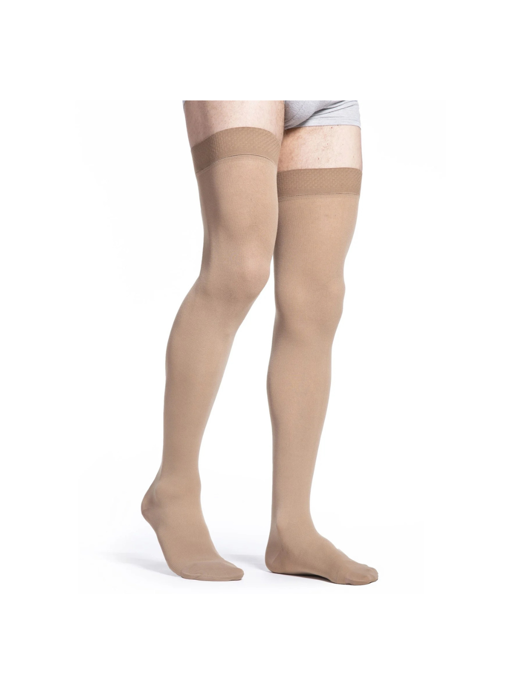 Sigvaris Essential Cotton 230 Men’s 30-40mmHg Thigh w/Grip-Top Closed Toe Light Beige Standard MS