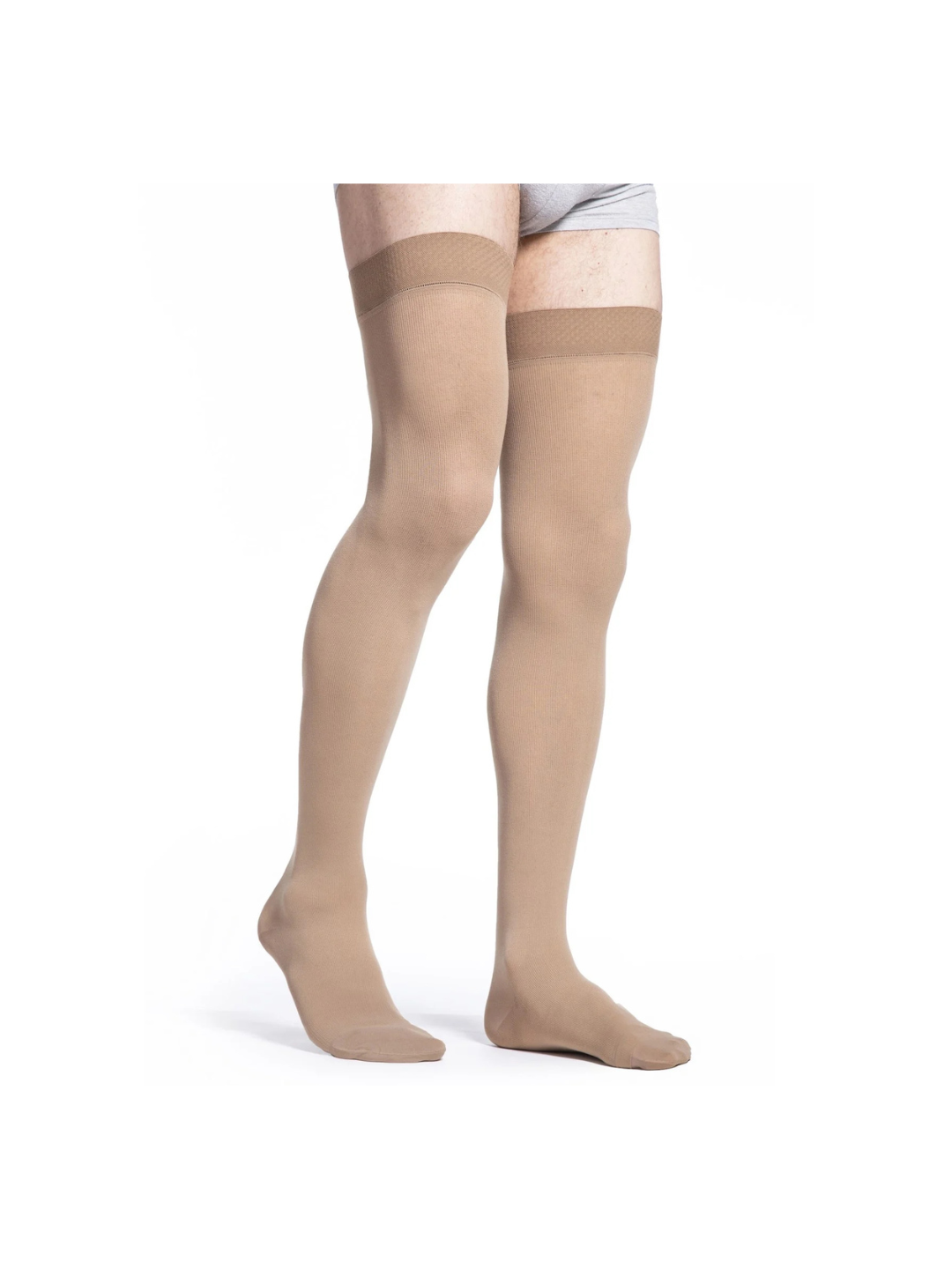 Sigvaris Essential Cotton 230 Men’s 30-40mmHg Thigh w/Grip-Top Closed Toe Light Beige Standard LL